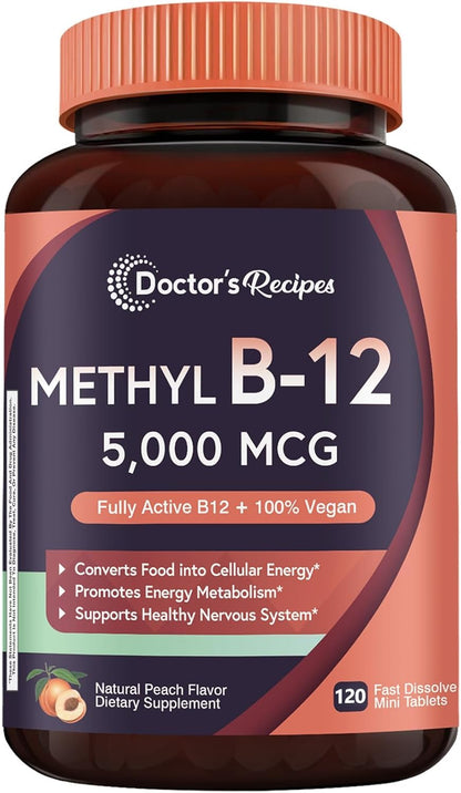 Doctor's Recipes Vitamin B12 Methylcobalamin 5000 mcg Fast Dissolve Tablets - Natural Peach Flavour, Vegan