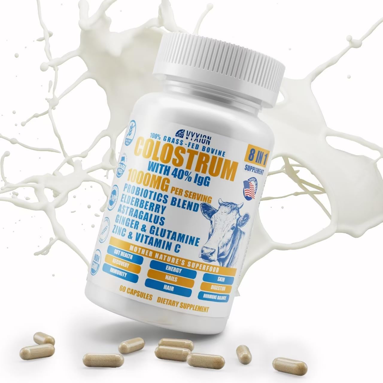 Vyxion 8-in-1 Bovine Colostrum Supplement, 1000mg, 40% IgG, Grass-Fed, 60 Capsules - görsel 1