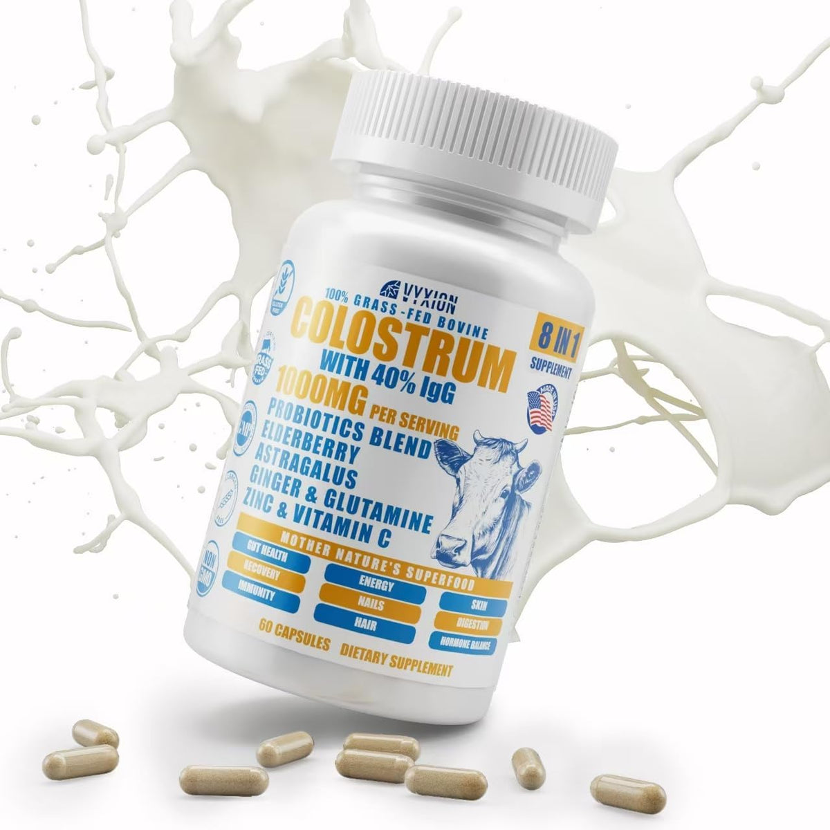 Vyxion 8-in-1 Bovine Colostrum Supplement, 1000mg, 40% IgG, Grass-Fed, 60 Capsules - görsel 1