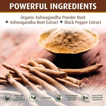 PRATIC LINE Ashwagandha Capsules 3000 mg - 120 Vegan Capsules, Organic Root Powder & Extract, Gluten-free, Made in USA
