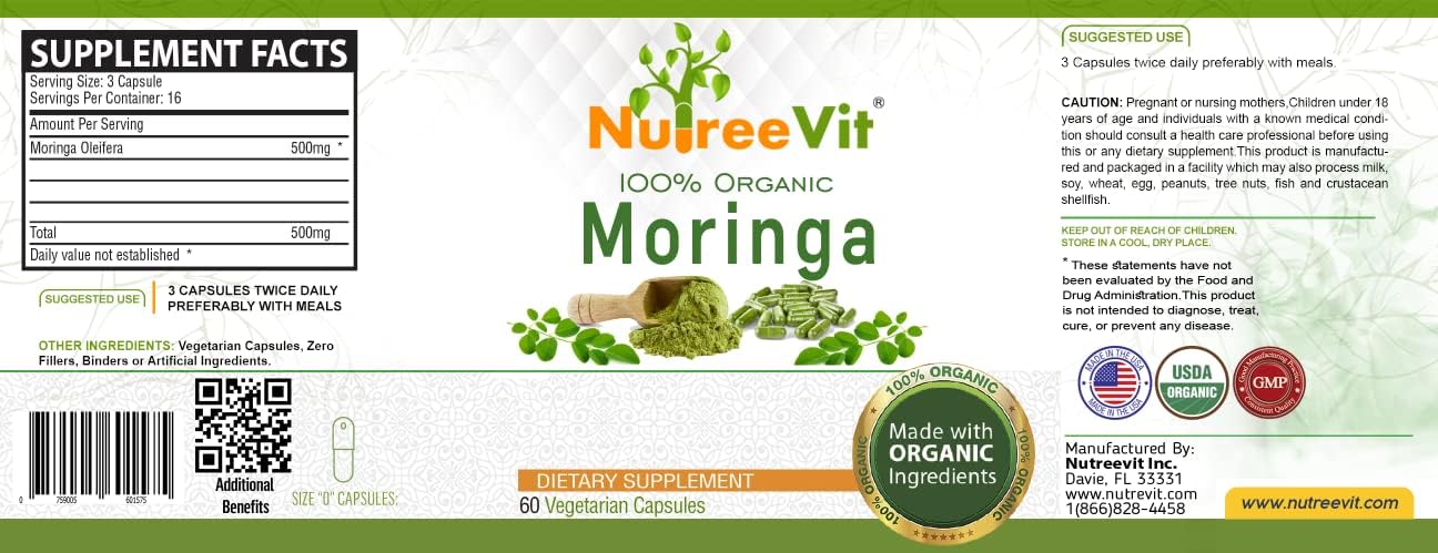 NutreeVit 100% Organic Moringa - 150 Capsules - görsel 2