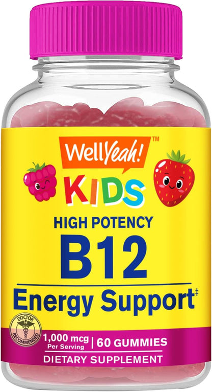 WellYeah Vitamin B12 Gummies for Kids - 1000 mcg, Berry Flavour, 60 Gummies