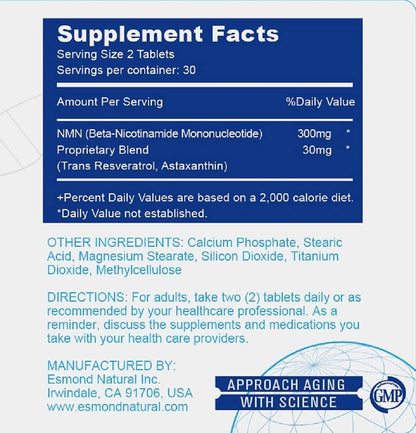 Esmond Natural NMN Plus – 300mg NMN + 30mg Trans-Resveratrol, 480 Tablets (8-Pack)