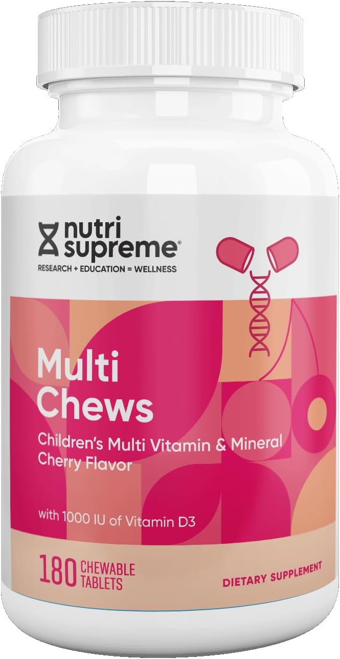 Delicious Children's Multivitamin, 180 Vegetarian Chews – Complete Supplement with Essential Vitamins and Minerals - Vitamin A, B, C, D3, Calcium, Iron, Folic Acid, Zinc – Cherry Flavour - görsel 1
