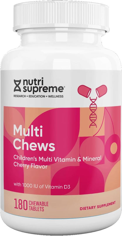 Delicious Children's Multivitamin, 180 Vegetarian Chews – Complete Supplement with Essential Vitamins and Minerals - Vitamin A, B, C, D3, Calcium, Iron, Folic Acid, Zinc – Cherry Flavour