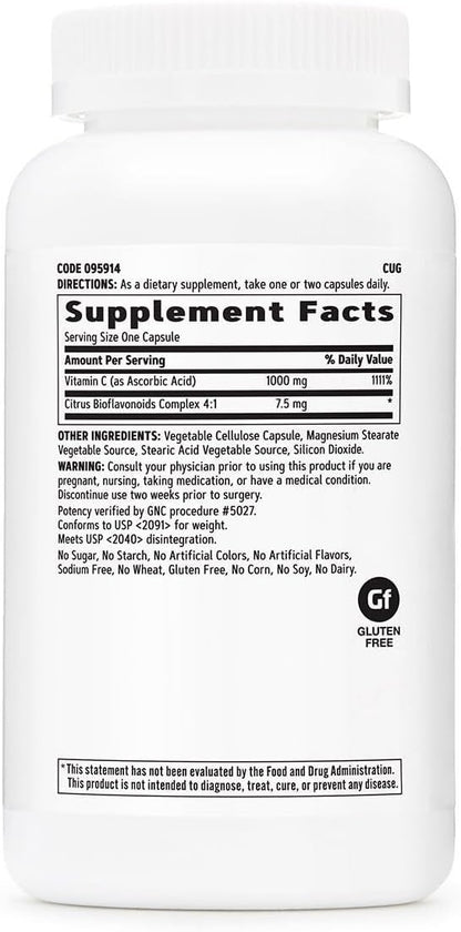 GNC Vitamin C 1000mg Supplement – Immune Support with Citrus Bioflavonoids, 180 Vegetarian Capsules