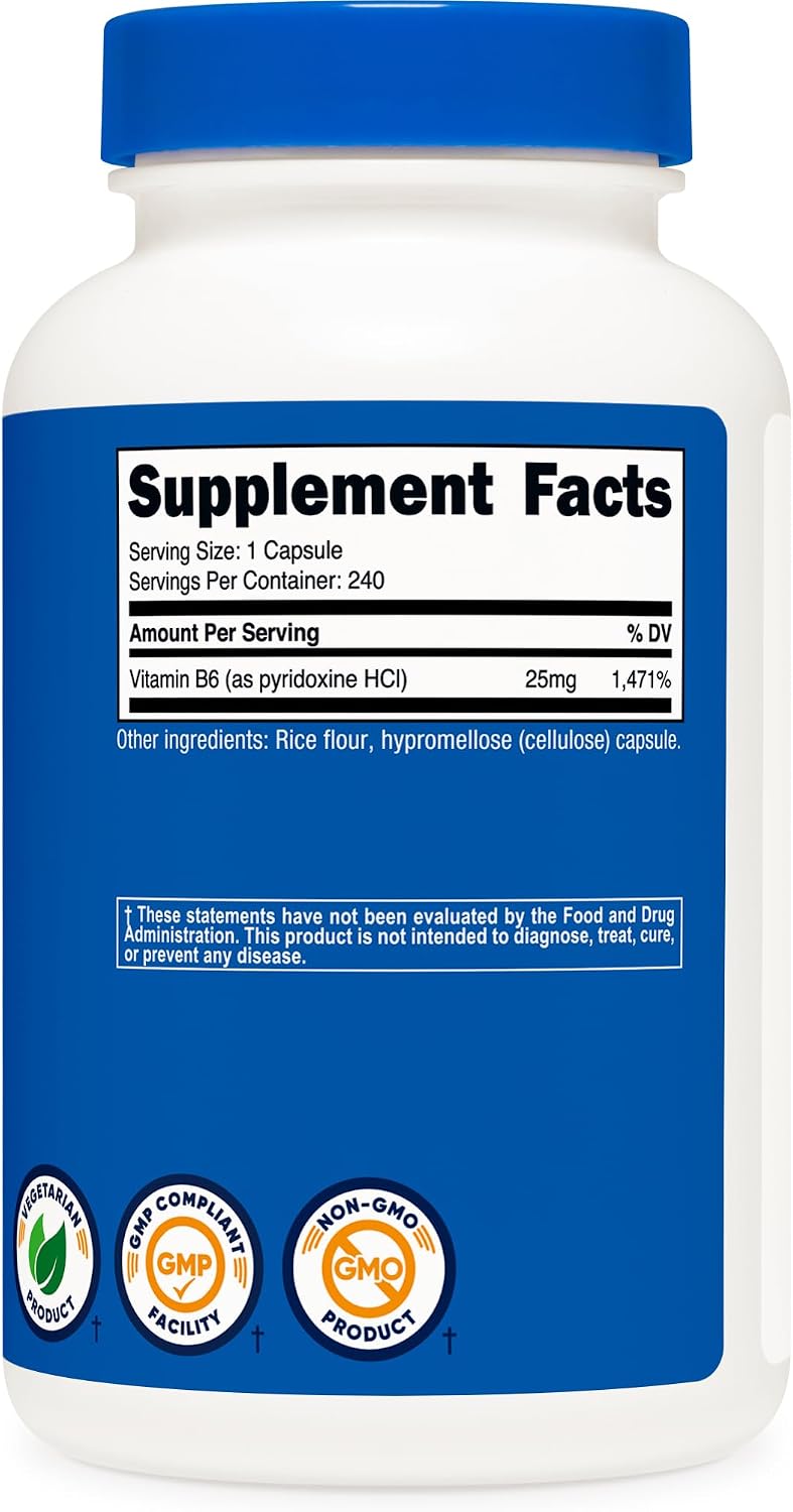Nutricost Vitamin B6 (Pyridoxine HCl) 25mg, 240 Capsules – Non-GMO, Gluten-free and Vegetarian Friendly - görsel 5