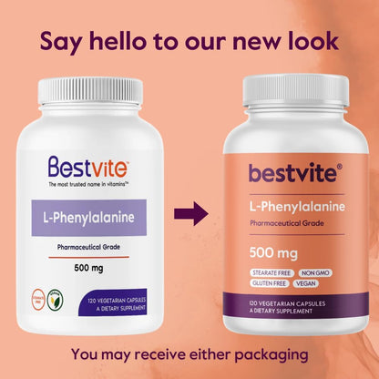 BESTVITE L-Phenylalanine 500mg (120 Vegetarian Capsules) - No Stearates - Vegan - Gluten-free - Non GMO
