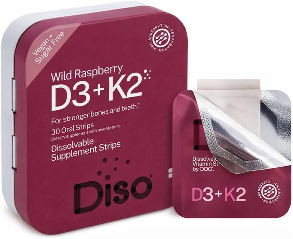 DISO - D3+K2 - Fast-Dissolving Oral Strips, Wild Raspberry Flavour, Vegan, Sugar Free, Maximum Absorption, Gluten-free, for Healthy Bones and Teeth - 30 Individually-Wrapped Dissolvable Strips - görsel 1