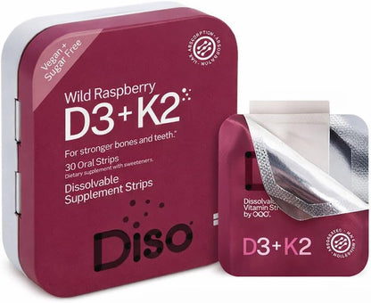 DISO - D3+K2 - Fast-Dissolving Oral Strips, Wild Raspberry Flavour, Vegan, Sugar Free, Maximum Absorption, Gluten-free, for Healthy Bones and Teeth - 30 Individually-Wrapped Dissolvable Strips
