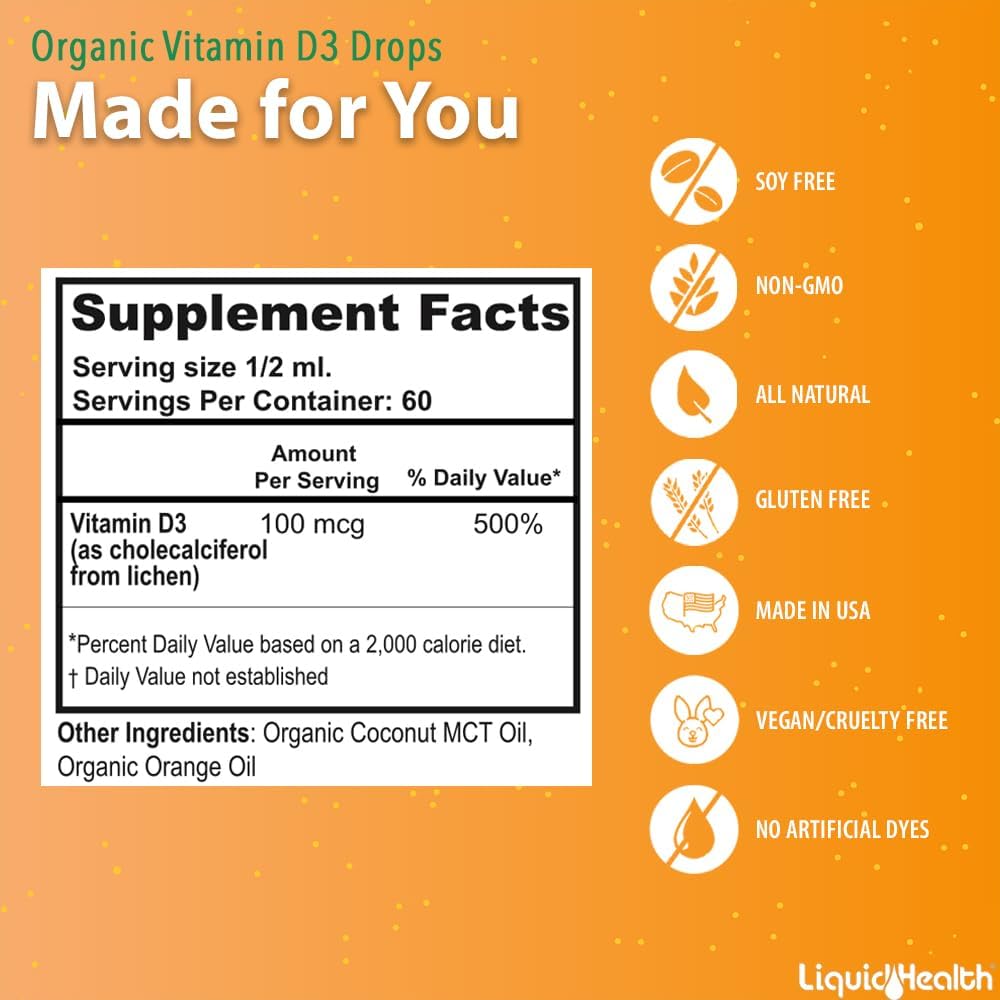 LIQUIDHEALTH Vitamin D3 4000 IU - Organic Vegan Liquid Drops for Immune, Bone & Mood Support (3 Pack) - görsel 5