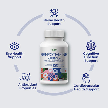 VHC Vitamin B1 Benfotiamine 600mg Supplement - 5x More Bio-available Fat-Soluble Thiamine - Maximum Boost of Bio-available Thiamine Levels Vegetable Capsules, Non-GM, Soya-free - Made in the USA (120 Capsules)