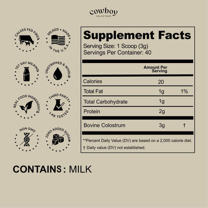 Cowboy Colostrum Powder - First 24-Hour Milking, Whole, Grass-Fed, Unflavoured (40 Servings)
