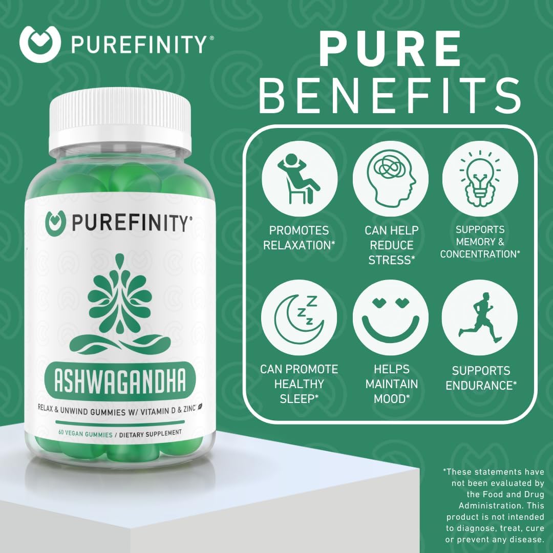 PUREFINITY Ashwagandha Gummies with Vitamin D & Zinc – Supplement for Relaxation, Calming and Mood Support – 60 Gummies - görsel 3
