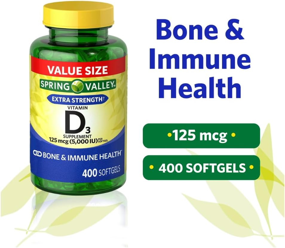 Vitamin D3 Spring Valley Soft gel capsule Capsules, 125 mcg (5,000 IU), 400 Count – with Gift Face Ice Roller - görsel 3