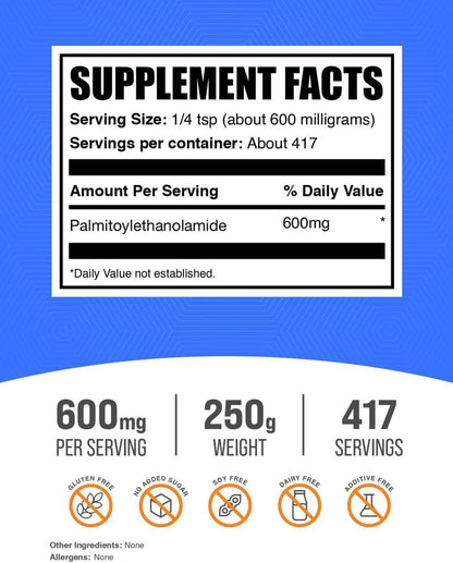 BulkSupplements.com Palmitoylethanolamide Powder – 600mg per Serving, 250g