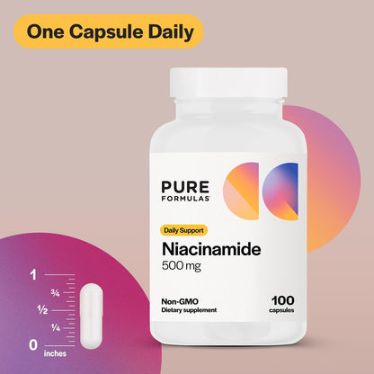PureFormulas Niacinamide 500 mg - 100 Capsules, High Strength Vitamin B3 Supplement, Non-Flushing