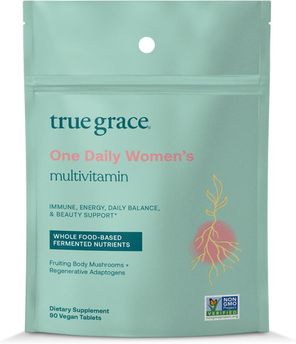 True Grace One Daily Women’s Multivitamin - Fermented Minerals, Organic Adaptogens & Mushrooms - Whole Body Balance, Immune, Energy, Beauty Support - 90 Vegan Tablets