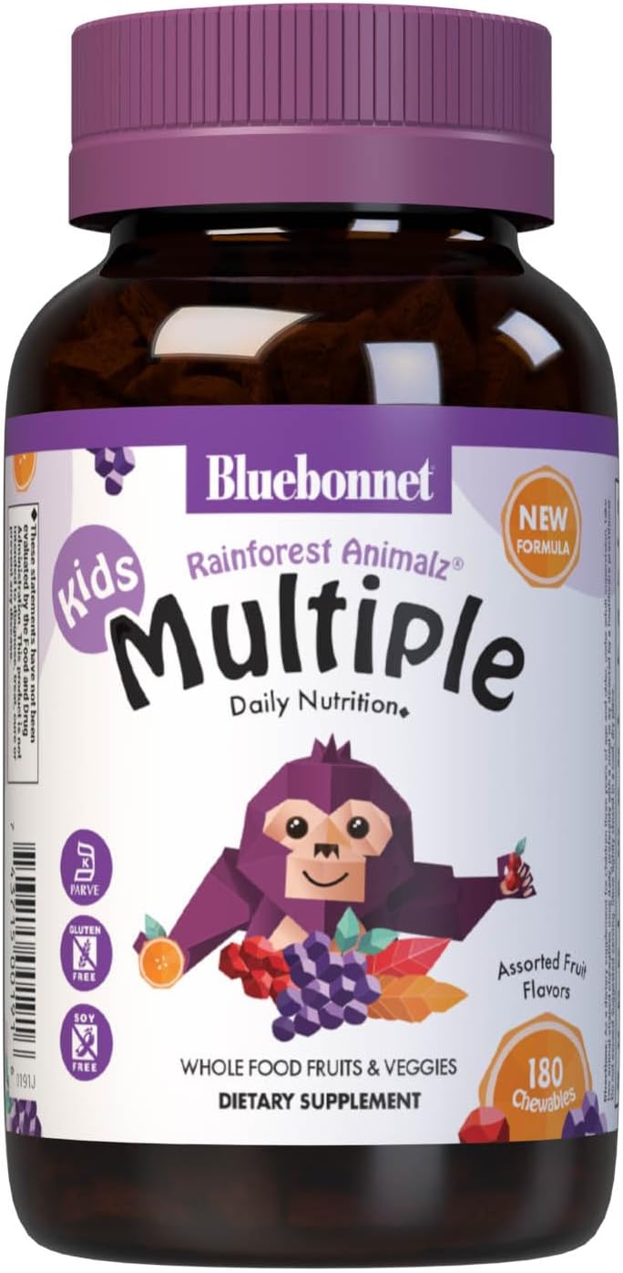 Bluebonnet Nutrition Rainforest Animalz Whole Food Based Multiple Chewable Tablets, Kids Multivitamin & Mineral, Vitamin C, D3, Iron, Gluten Free, Milk Free, Kosher, 180 Chewable Tablets, Mixed Flavour - görsel 1