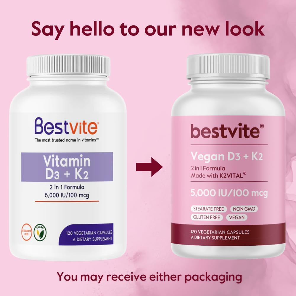 BESTVITE Vegan Vitamin D3 5000 IU + Vitamin K2 100 mcg as MK-7 (120 Vegetarian Capsules) - No Stearates - Vegan - Non GMO - Gluten-free - görsel 7