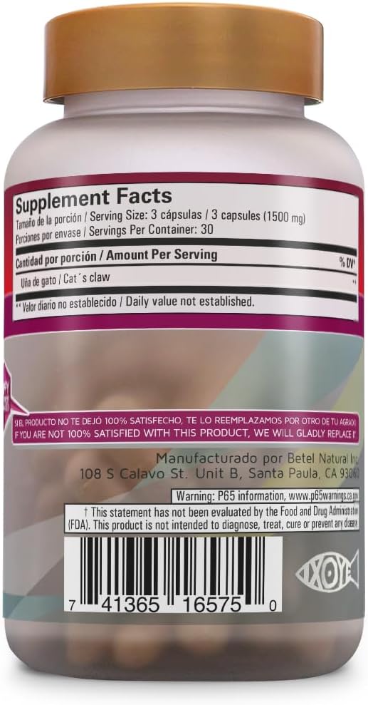 Betel Natural Premium Uña de Gato Capsules 1500 mg per Serving - 90 Capsules - görsel 3