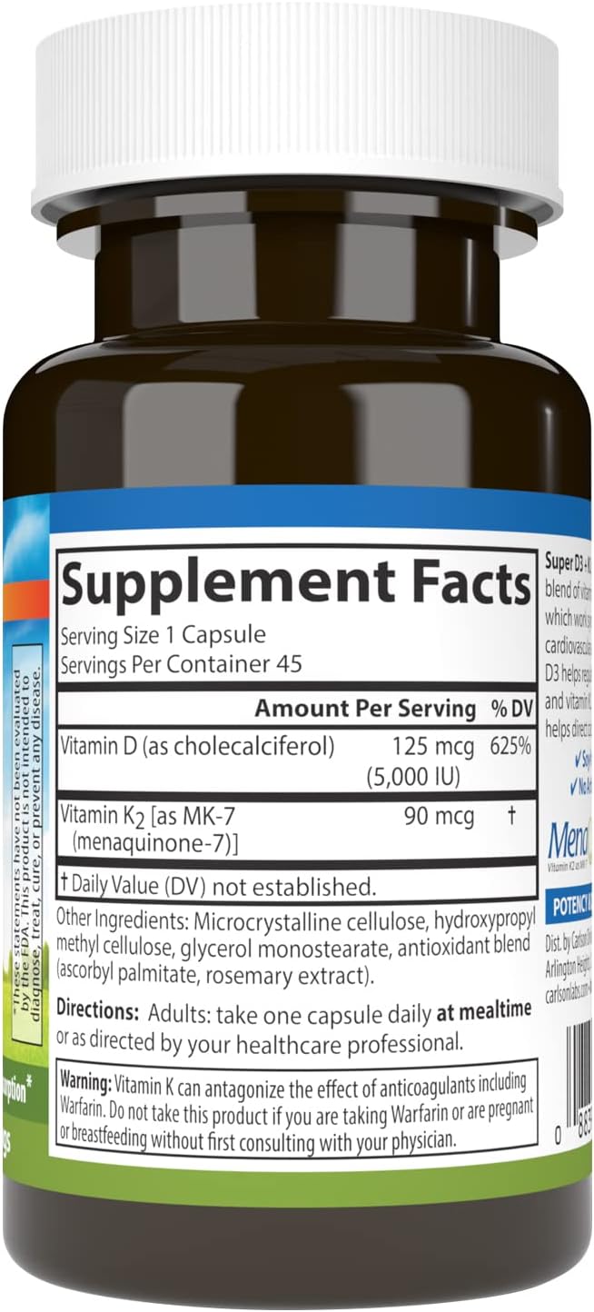 Carlson Super D3 + K2, 5000 IU Vitamin D3 & 90 mcg Vitamin K2 MK-7 – 45 Vegetarian Capsules - görsel 2