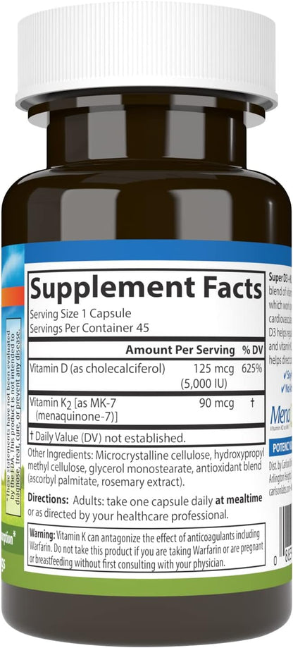 Carlson Super D3 + K2, 5000 IU Vitamin D3 & 90 mcg Vitamin K2 MK-7 – 45 Vegetarian Capsules