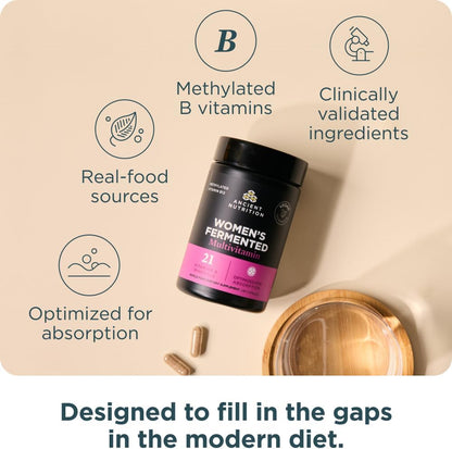 Ancient Nutrition Women's Fermented Multivitamin with Methylated Vitamins C, D, K, Zinc & Magnesium - Vegan, 60 Capsules