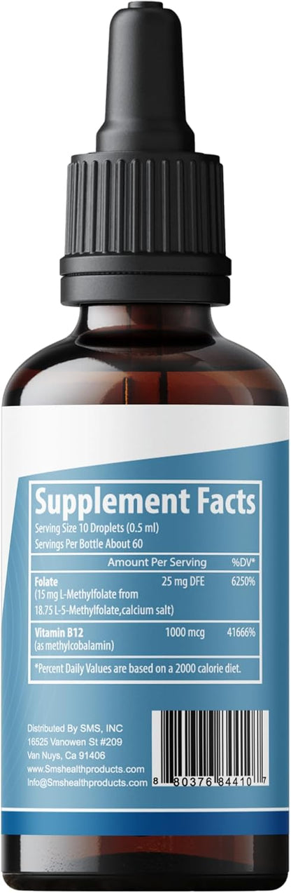 L-Methylfolate 15mg + Methyl B12 Liquid Drops, No Fillers, High Potency Sublingual Formula, Active 5-MTHF & Bioactive B12 for Normal Cognitive Function & Methylation Support, Berry Flavour (60ml)