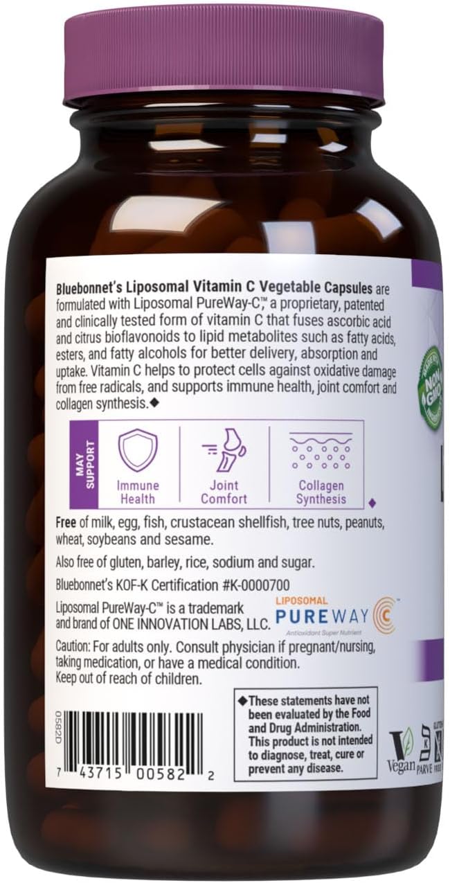 BlueBonnet Nutrition Liposomal Vitamin C 1000 mg, Made with Sunflower Oil, Immune & Joint Support, Vegan, Kosher, Non-GMO, Gluten-Free, Soya-Free, Milk-Free, 180 Vegetable Capsules, 90 Servings - görsel 6