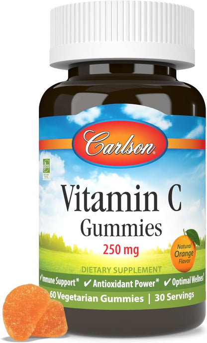 Carlson - Vitamin C Gummies, 250 mg, Immune Support & Antioxidant Power, Orange, 60 Vegetarian Gummies