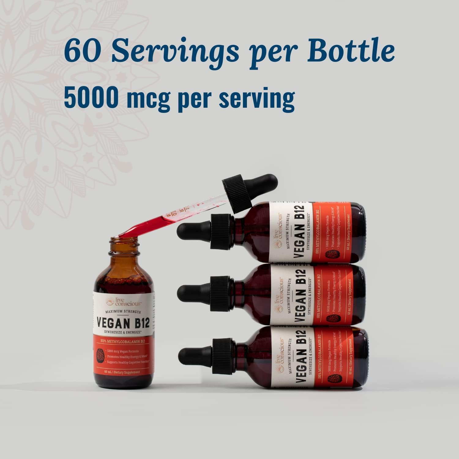 Live Conscious Vegan Vitamin B12 Sublingual Liquid Drops – Methylcobalamin 5000mcg (2 Pack) - görsel 3