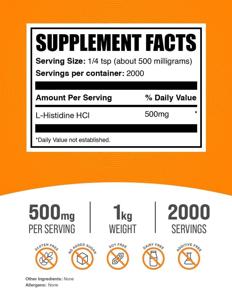 BulkSupplements L-Histidine HCl Powder - Essential Amino Acid Supplement, 500mg per Serving, 1kg (2.2 lbs) - görsel 2