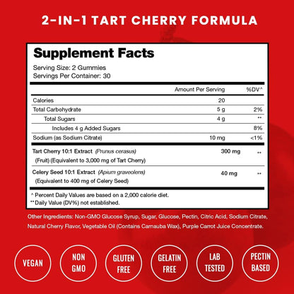 Tart Cherry Gummies with Celery Seed – 120 Count – Vegan, Non-GMO, Third-Party Tested