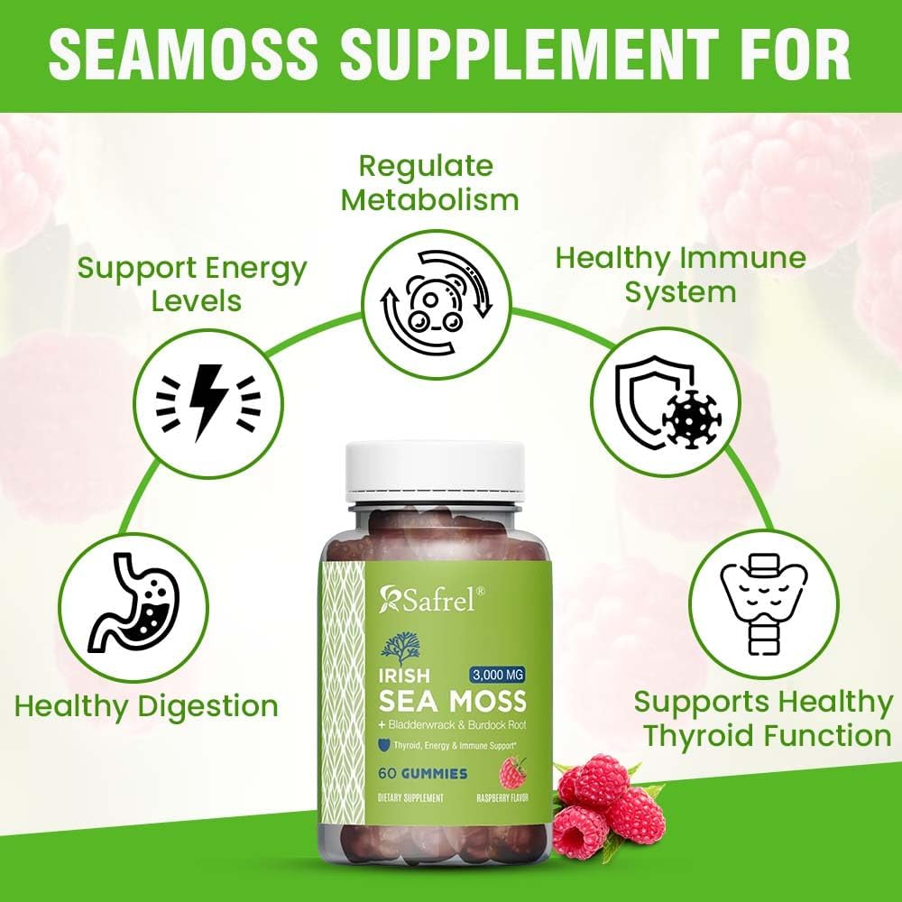 Safrel Irish Sea Moss Gummies 3000mg with Bladderwrack and Burdock Root, Thyroid Energy and Immune Support, Vegan Raspberry Flavour, 60 Gummies - görsel 3