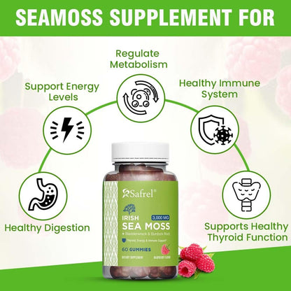 Safrel Irish Sea Moss Gummies 3000mg with Bladderwrack and Burdock Root, Thyroid Energy and Immune Support, Vegan Raspberry Flavour, 60 Gummies