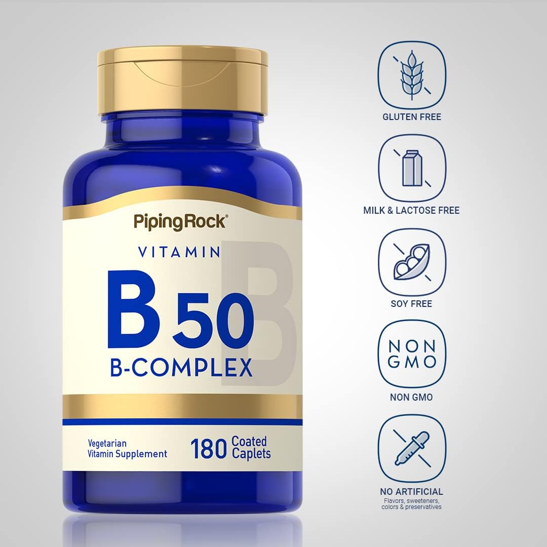 Piping Rock Vitamin B50 Complex | 180 Caplets | Vegetarian, Non-GMO, Gluten-free Supplement - görsel 3