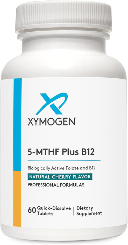 XYMOGEN 5-MTHF Plus B12 - Biologically Active Folate & Methyl B12 Supplement - for Methylation & Nervous System Support - Gluten-Free - Cherry Flavour - 30 Quick-Dissolve Tablets