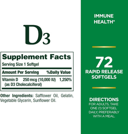 Nature's Bounty D3-10,000 IU Softgels 72 per bottle (Pack of 4)
