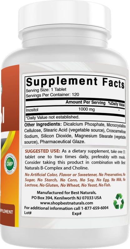 Best Naturals Inositol 1000mg 120 Tablets – Also Known as Vitamin B8