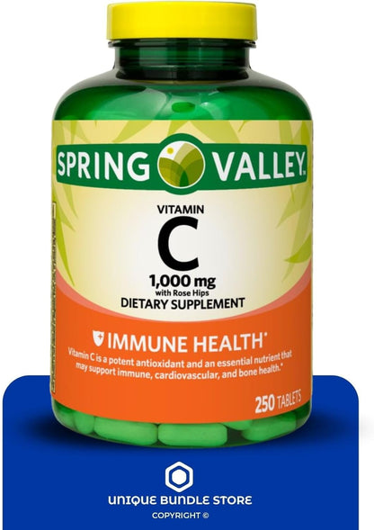 Vitamin C 1000mg with Rose Hips – 250 Tablets per Bottle, High Strength Daily 1,000 mg Vitamin C with 8 mg Rose Hips per Tablet, Long Supply Supplement (Pack of 3)