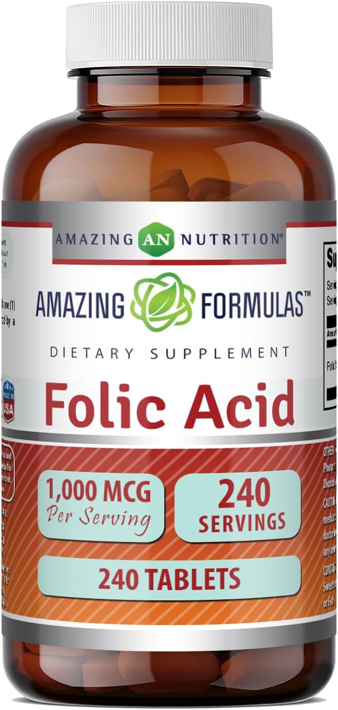 Amazing Formulae Folic Acid 1000 mcg (1 mg) | 240 Tablets | Vitamin B9 | Non-GM | Gluten-free | Made in the USA - görsel 1