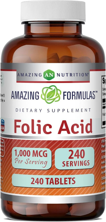 Amazing Formulae Folic Acid 1000 mcg (1 mg) | 240 Tablets | Vitamin B9 | Non-GM | Gluten-free | Made in the USA