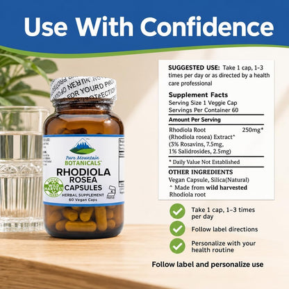 Pure Mountain Botanicals Rhodiola Rosea Supplement - 60 Capsules, 250mg - Standardised 3% Rosavins & 1% Salidroside - Vegan, – Image 8