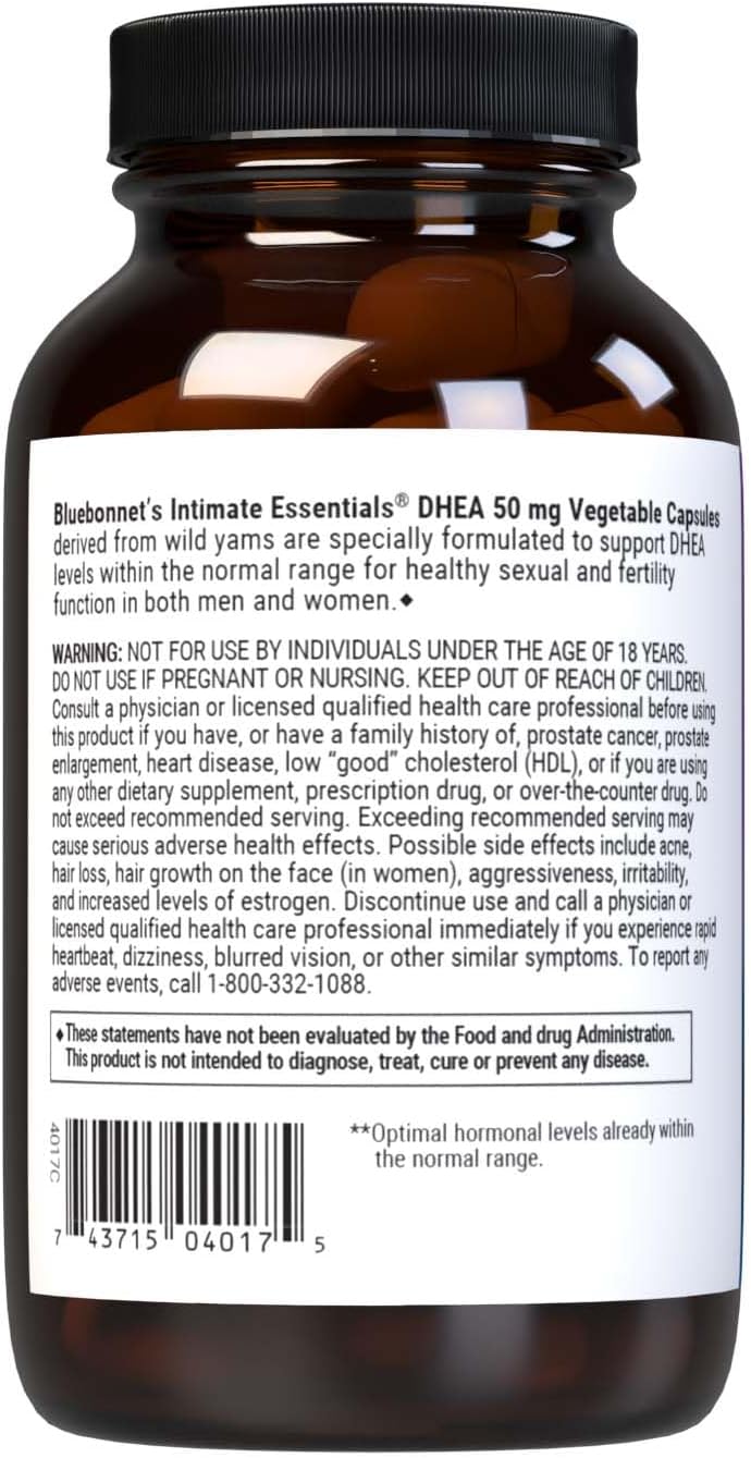 BlueBonnet Nutrition Intimate Essentials DHEA 50mg Food Supplement, Non-GM, Vegan, Gluten-Free, 60 Vegetable Capsules - görsel 3