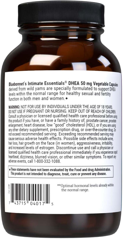 BlueBonnet Nutrition Intimate Essentials DHEA 50mg Food Supplement, Non-GM, Vegan, Gluten-Free, 60 Vegetable Capsules