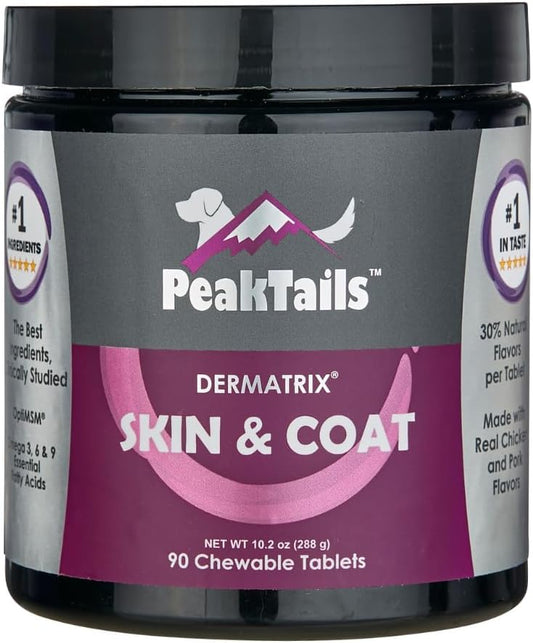 Kala Health PeakTails Skin & Coat Support for Dogs – 90 Chewable Tablets with MSM, Fish Oil, Omega-3 & Omega-6 – Helps Maintain Healthy Skin and a Shiny Coat
