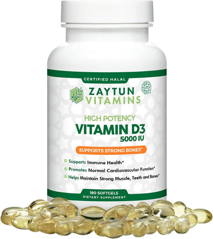 Zaytun Halal Vitamin D3 5000 IU, 6-Month Supply, Contributes to Normal Bones, Muscle Function and Immune Health, Premium Vitamin D from Safflower Oil, Non-GMO, Gluten-Free, 180 Mini Softgels