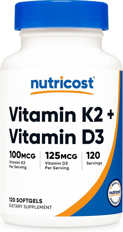 Nutricost Vitamin D3 + K2 (5000 IU D3 / – 120 Servings per Bottle: One soft gel capsule daily provides a full – Image 1