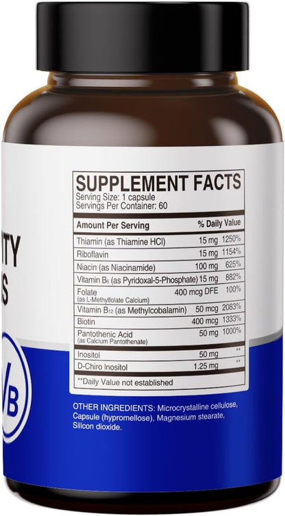 HUJ High-Activity B Vitamins – Contributes to Normal Energy Metabolism and Nervous System Function – Food Supplement with 8 B Vitamins, Inositol and D-Chiro Inositol – 60 Capsules